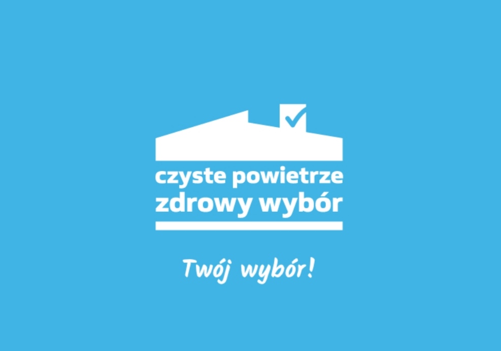 Logo Czyste Powietrze | Zdrowy Wyb&oacute;r, Tw&oacute;j Wyb&oacute;r! - białe na niebieskim tle